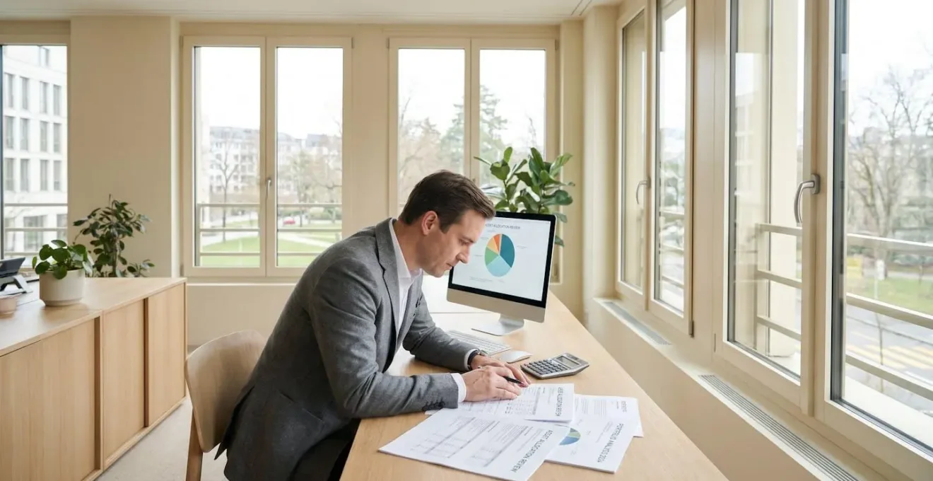Conseiller financier consultant des documents d'allocation d'épargne sur son bureau avec calculatrice et écran d'ordinateur affichant des graphiques de répartition d'actifs