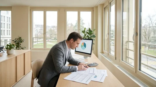Conseiller financier consultant des documents d'allocation d'épargne sur son bureau avec calculatrice et écran d'ordinateur affichant des graphiques de répartition d'actifs
