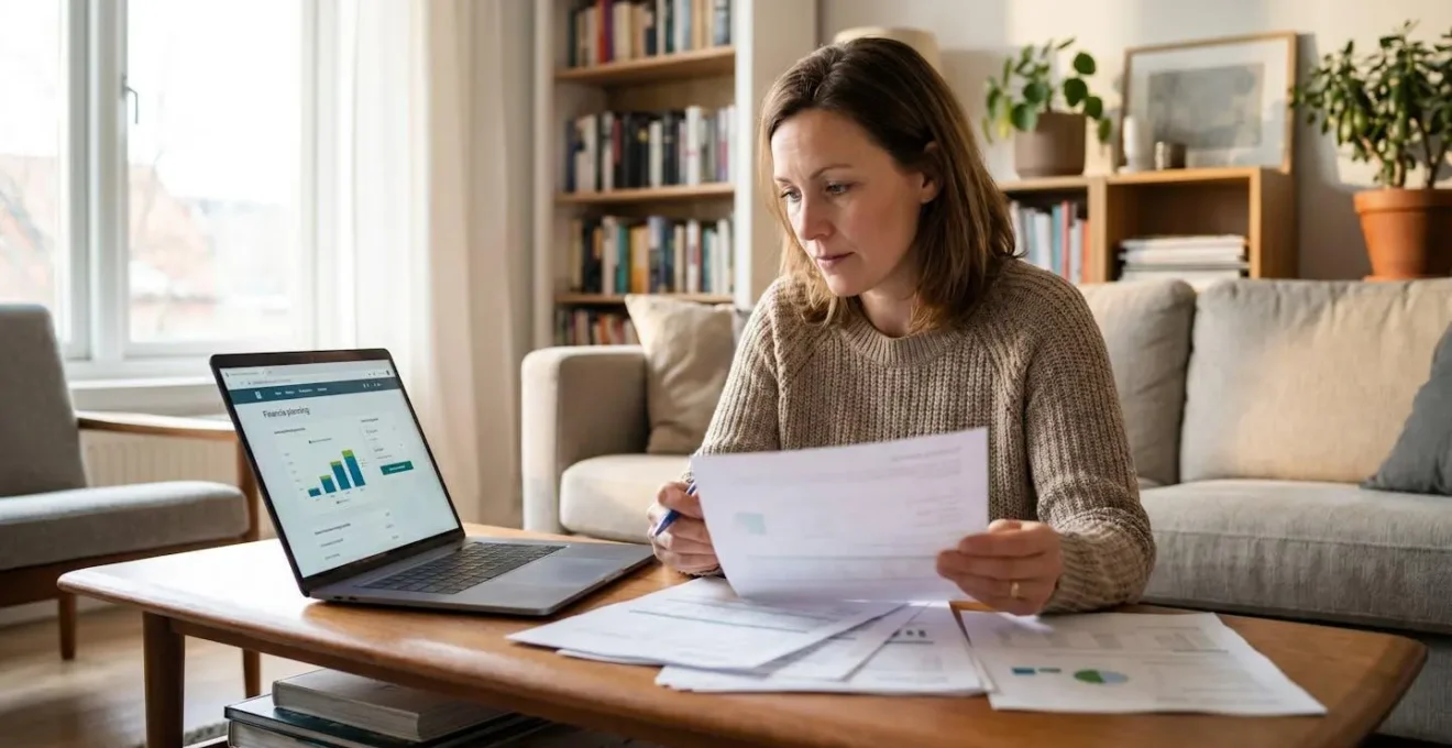 Femme quadragénaire consultant ses documents de placement dans son salon avec ordinateur portable