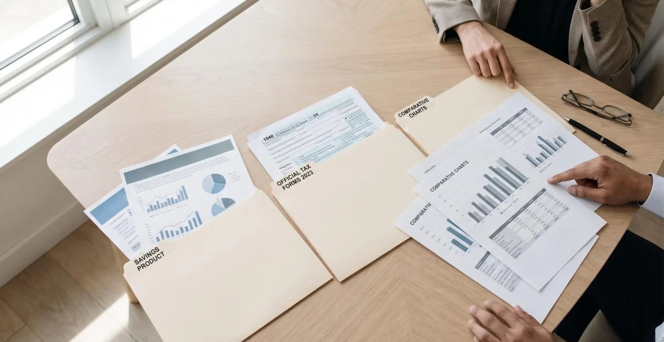 Table de consultation avec dossiers et documents comparatifs pour différents produits d'épargne disposés horizontalement