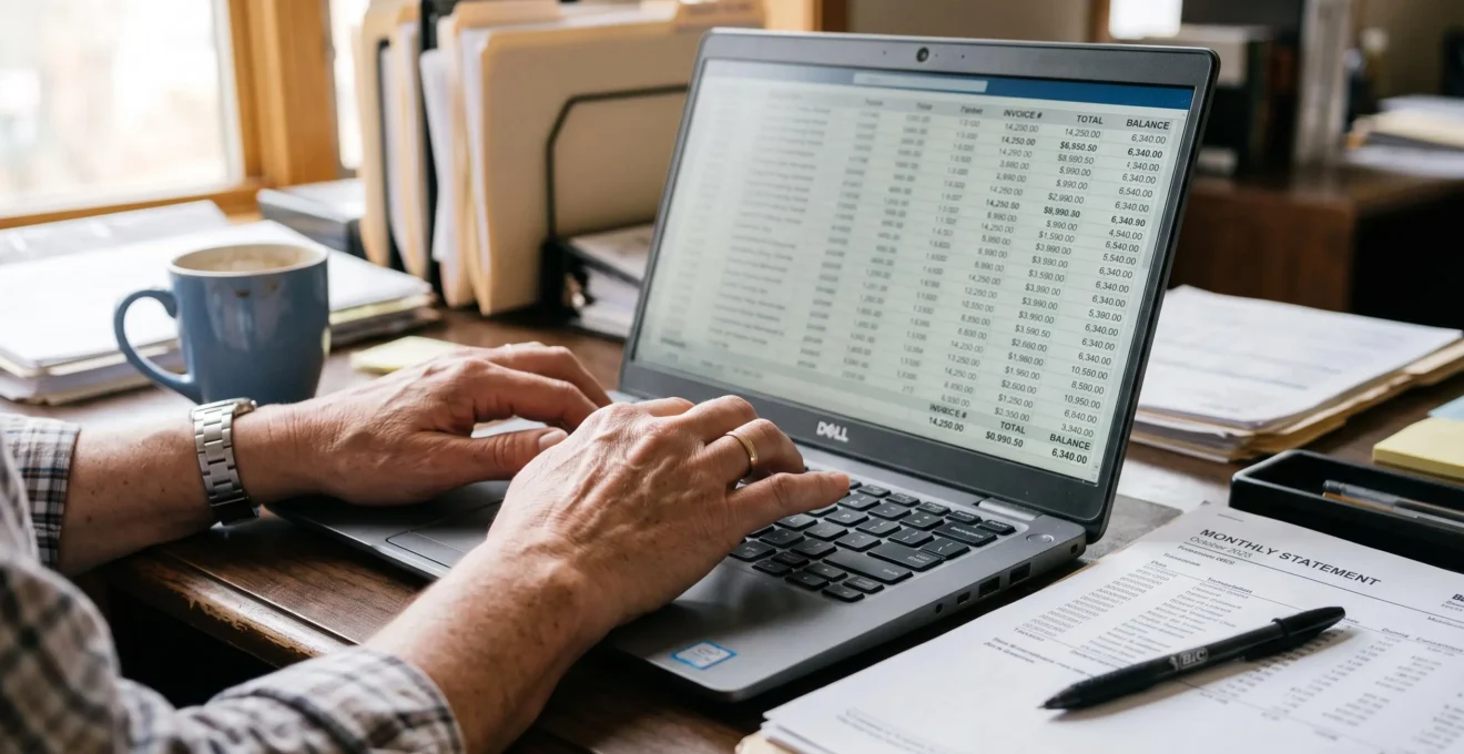 Mains d'un comptable saisissant des données de factures sur un ordinateur portable.